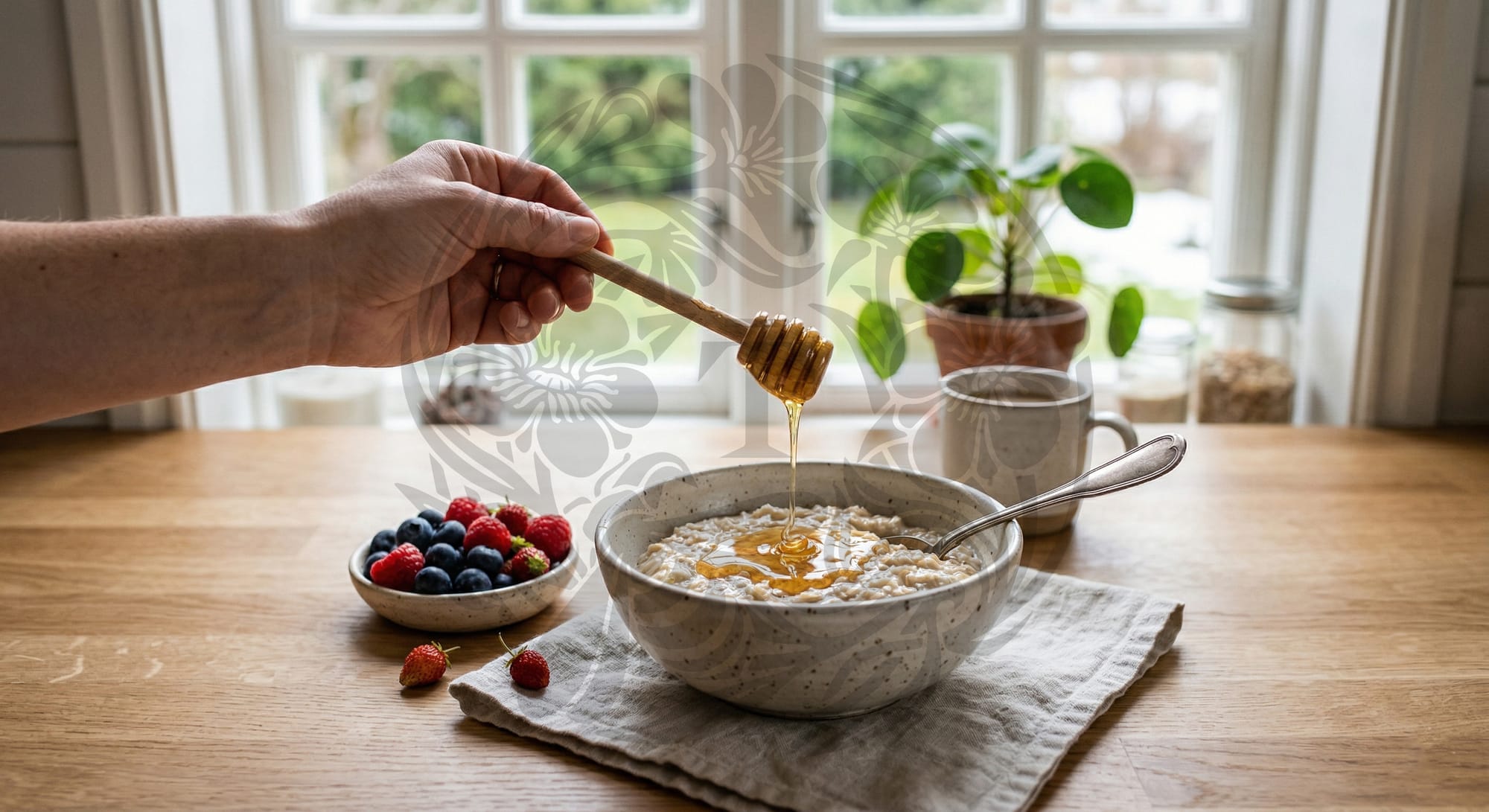 Honey being drizzled from a wooden dipper over a bowl of porridge with fresh berries, natural kitchen light, New Zealand mānuka honey lifestyle