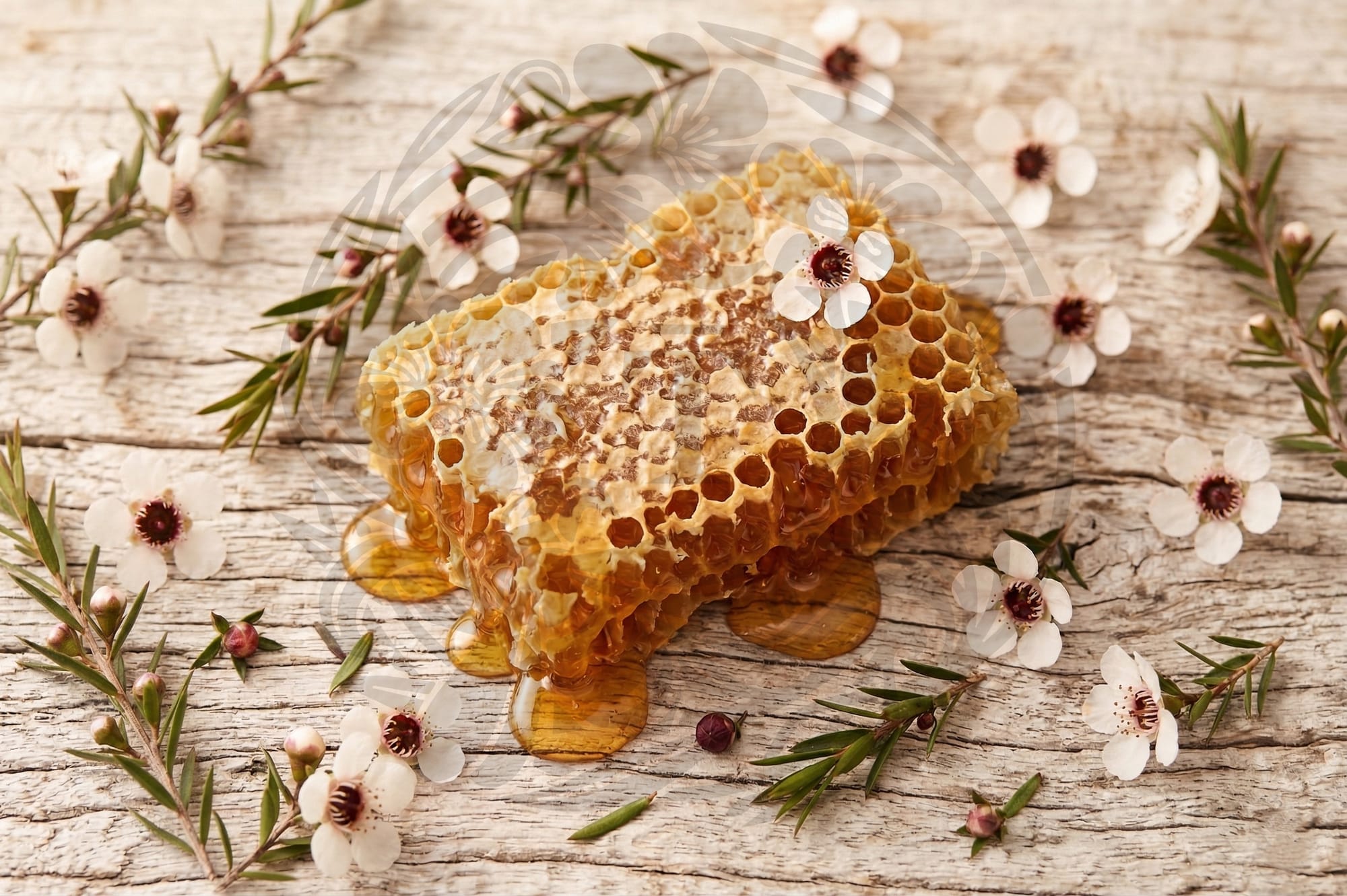 Raw mānuka honeycomb dripping on weathered wood surrounded by white mānuka blossoms with dark centres, New Zealand