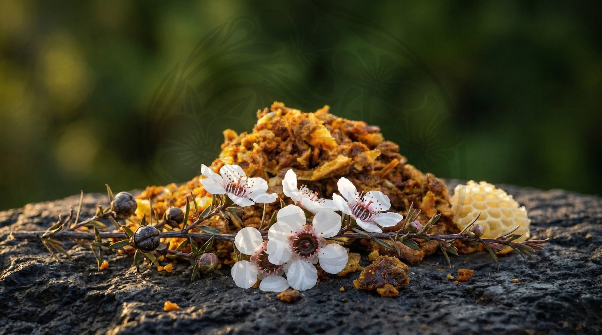 Mānuka blossom stems with white flowers and dark seed capsules on dark basalt beside raw propolis chunks, Bay of Islands native bush background, New Zealand.