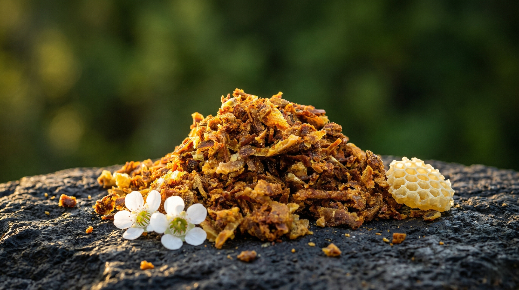 Raw New Zealand bee propolis resin on dark basalt stone with white mānuka blossom and beeswax honeycomb, Bay of Islands