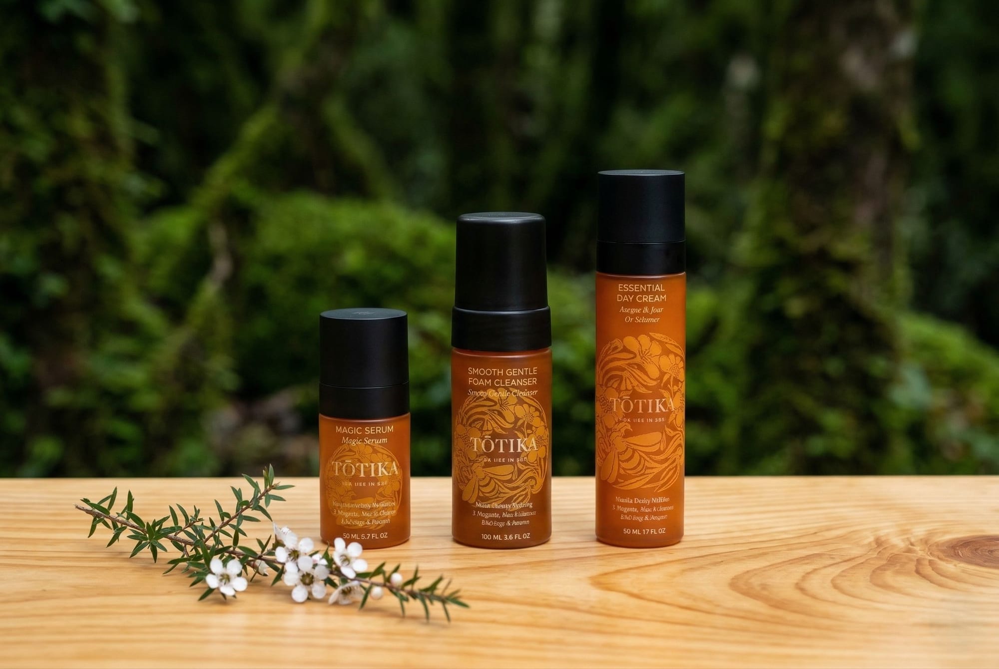 Hand holding Tōtika Health Bee Propolis dropper bottle with amber propolis drop falling, white mānuka blossoms on basalt stone, Bay of Islands New Zealand