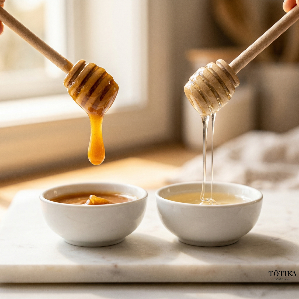 Two wooden honey dippers over white ceramic bowls comparing thick dark crystallised manuka honey with thin pale regular honey, natural light.