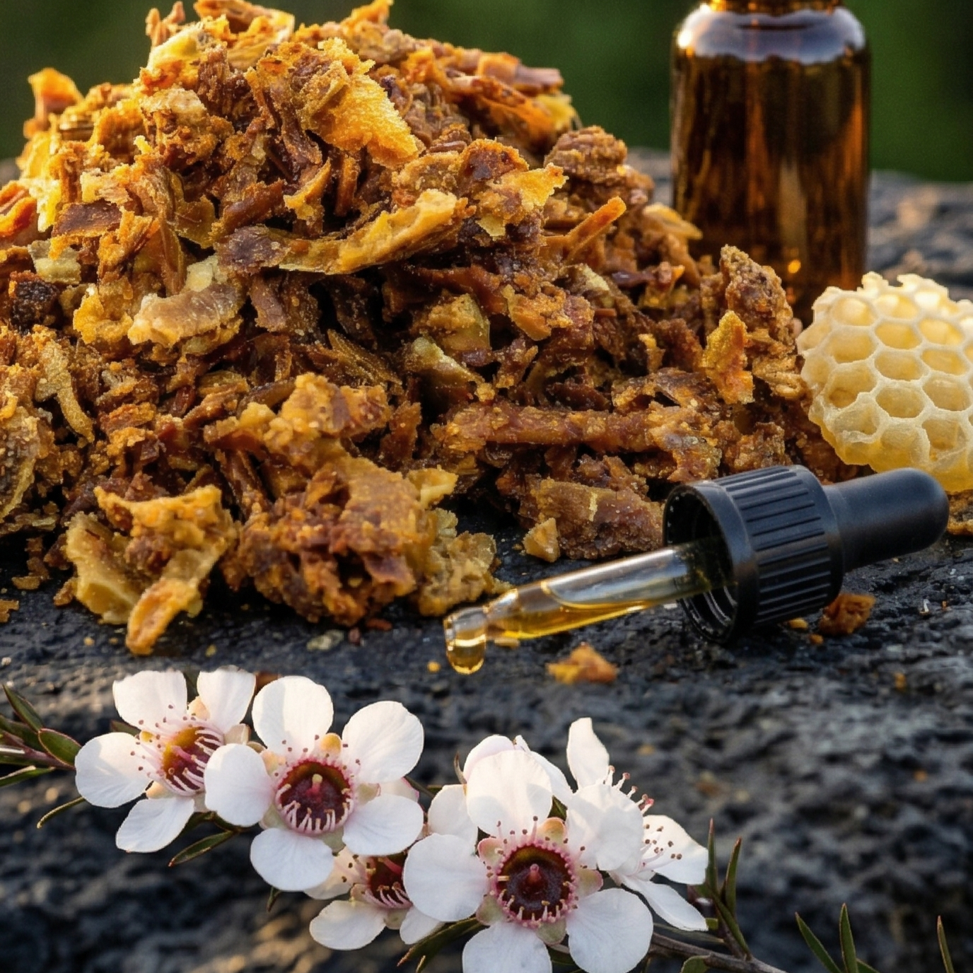 Raw New Zealand bee propolis and propolis dropper bottle on dark basalt with mānuka blossoms and honeycomb, Bay of Islands native bush background.