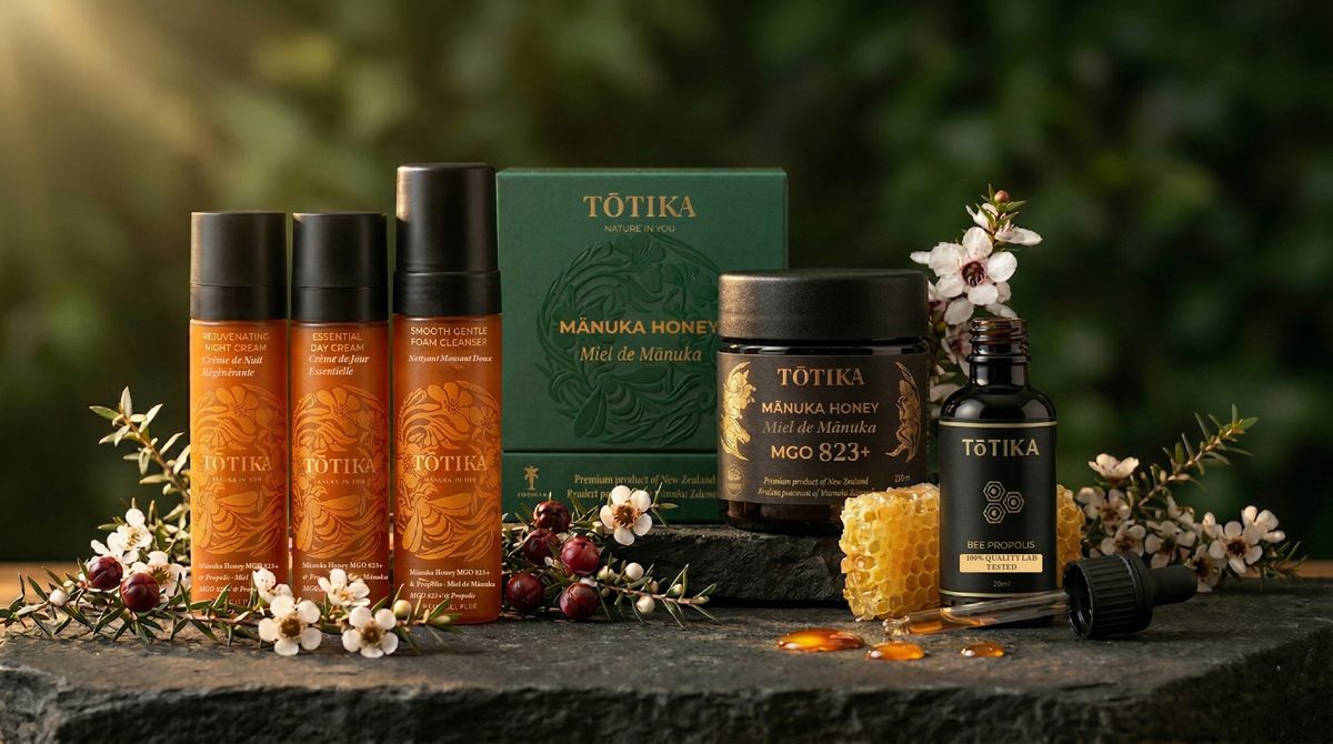 Backlit Tōtika Bee Propolis bottle on basalt stone, dropper laid beside it, amber drops pooled, white mānuka blossoms, golden-hour bush background.