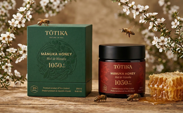 Totika Health MGO 1050+ Manuka Honey jar and box with bees and honeycomb, Bay of Islands New Zealand