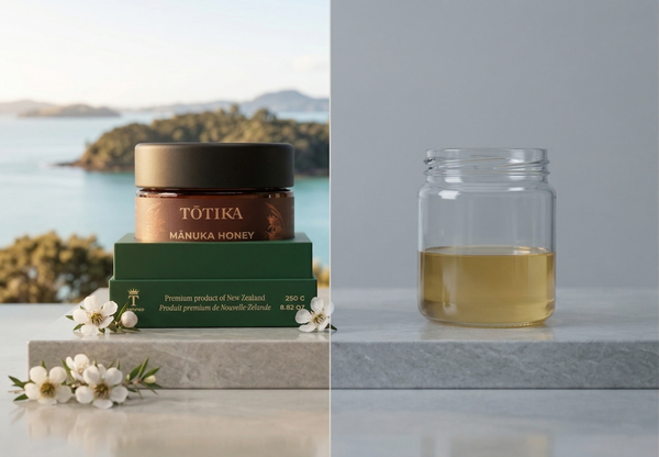 ōtika Mānuka Honey jar with Bay of Islands backdrop and mānuka blossoms beside an unlabelled glass jar of regular honey, New Zealand premium versus commodity.